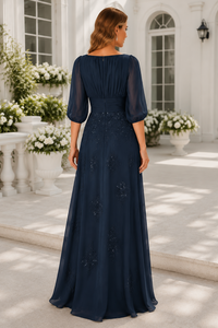 Scoop Half Sleeves Lace Appliques Chiffon A-Line Mother Of The Bride Dress