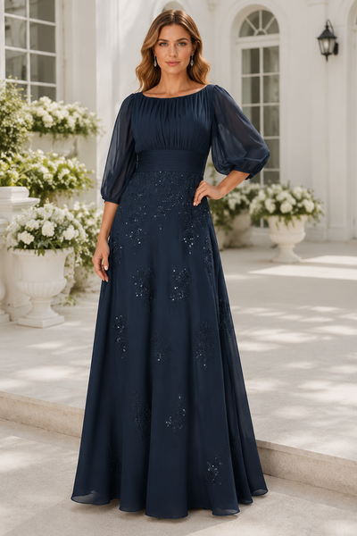 Scoop Half Sleeves Lace Appliques Chiffon A-Line Mother Of The Bride Dress