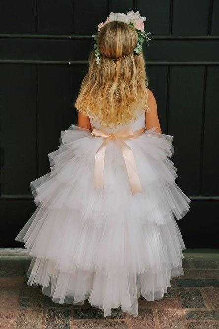 Scoop Sleeveless A-Line Tiered High Low Flower Girl Dress