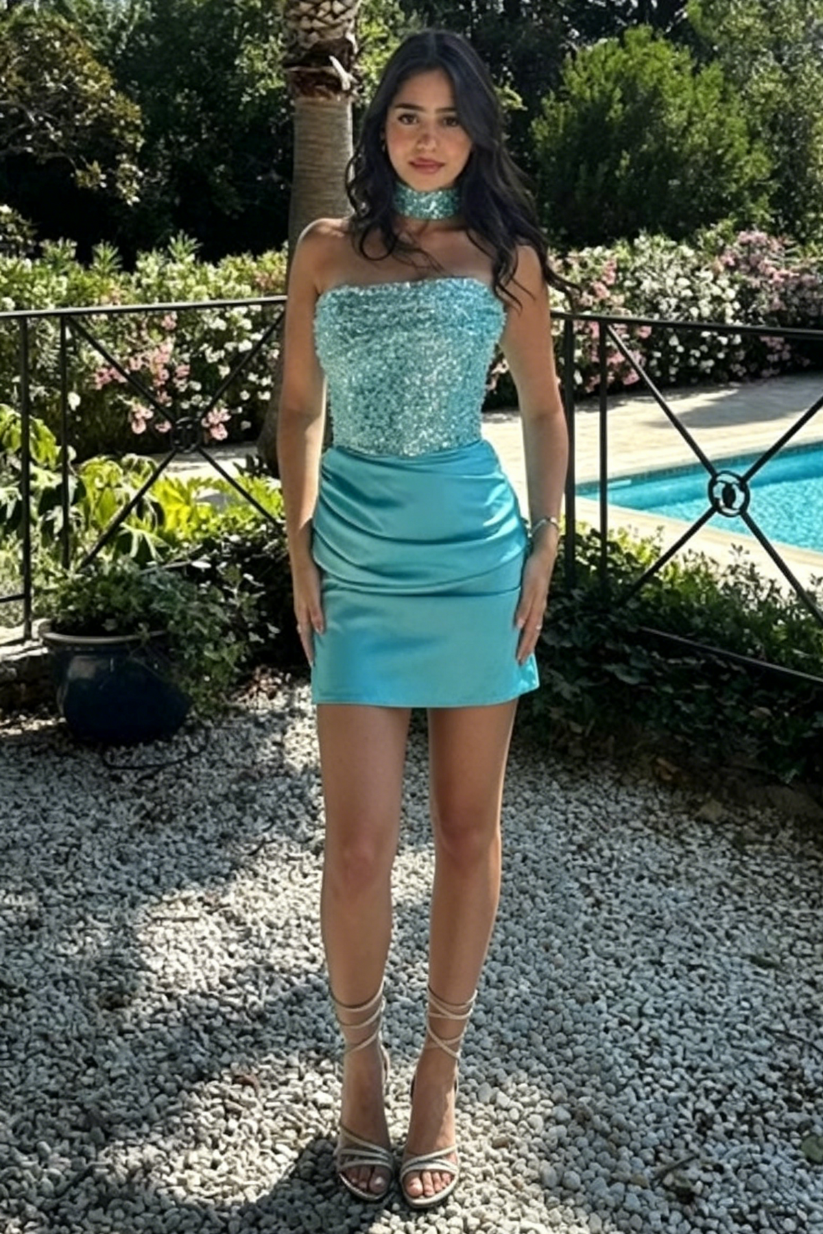 Sequin Top Satin Ruched Empire Sheath Party Homecoming Dress