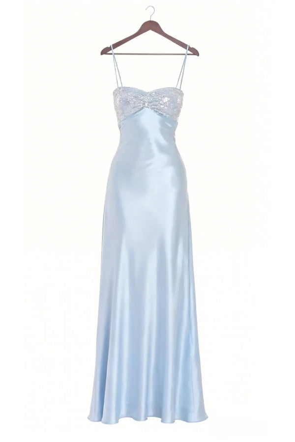 Sequin Top Satin Sleeveless Sweetheart Long Party Prom Dress