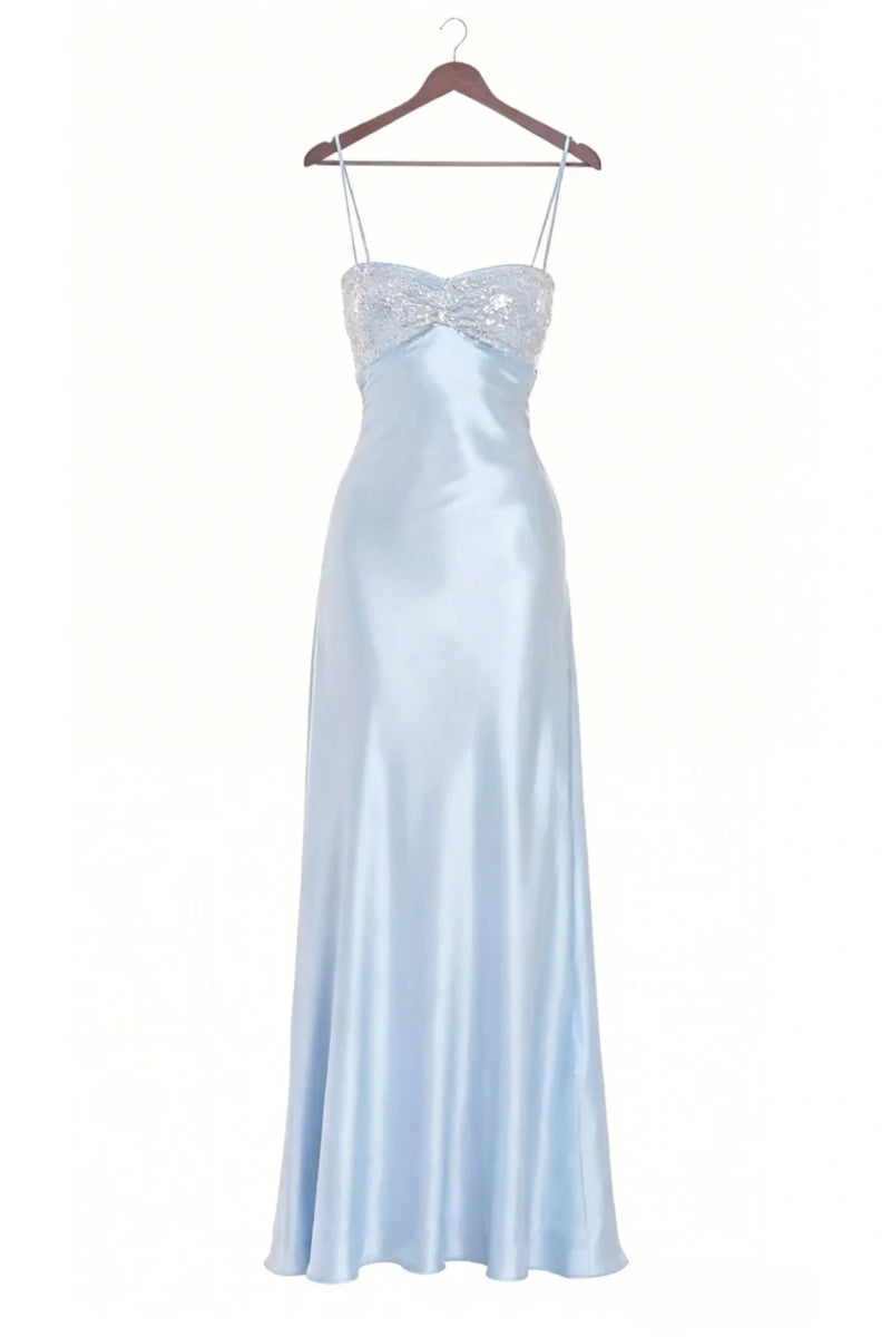 Sequin Top Satin Sleeveless Sweetheart Long Party Prom Dress