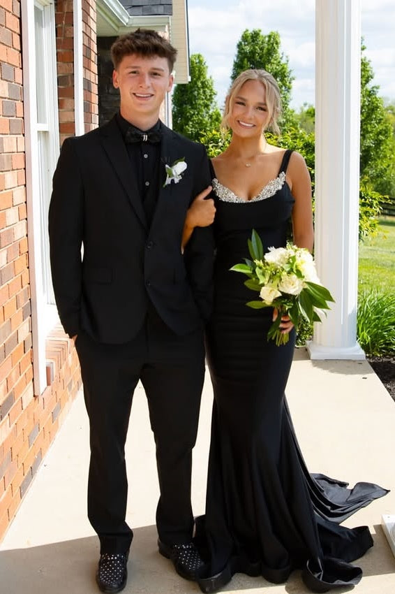 Sexy Black Beaded Top Straps Backless Mermaid Party Prom Dress