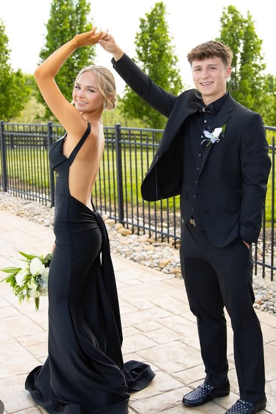 Sexy Black Beaded Top Straps Backless Mermaid Party Prom Dress