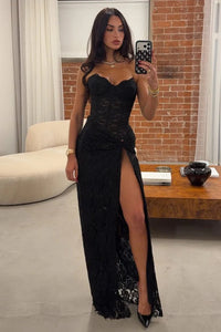 Sexy Black Lace Fitted Sweetheart Party Evening Dress With High Slit