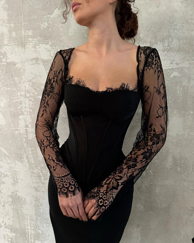 Sexy Black Lace Long Sleeves Empire Fitted Party Prom Dress