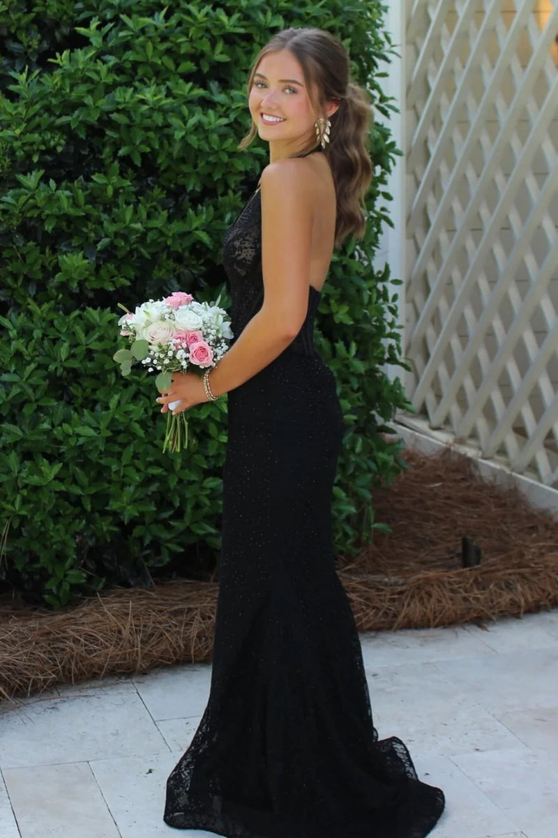 Sexy Black Low V-Neck Halter Backless Mermaid Party Prom Dress