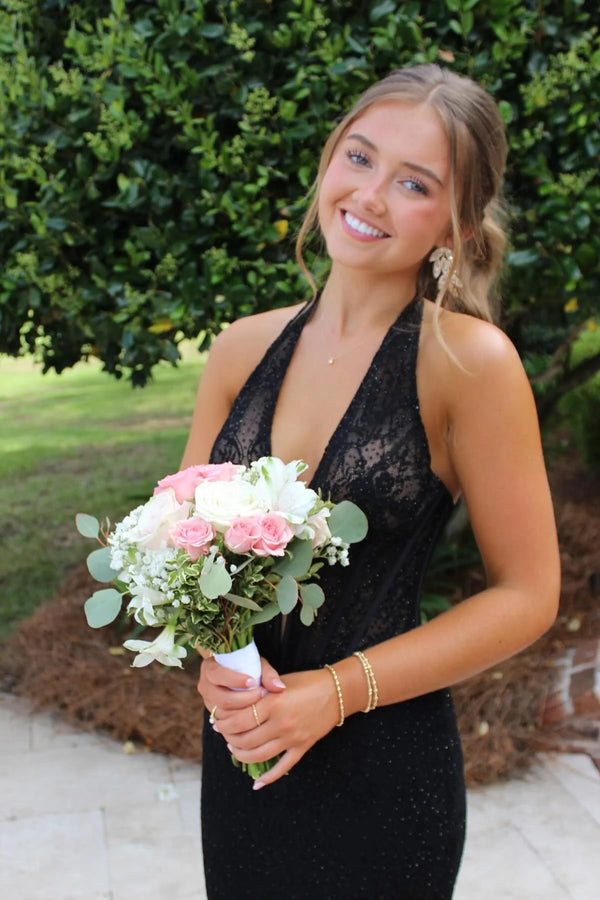 Sexy Black Low V-Neck Halter Backless Mermaid Party Prom Dress