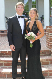 Sexy Black Low V-Neck Halter Backless Mermaid Party Prom Dress