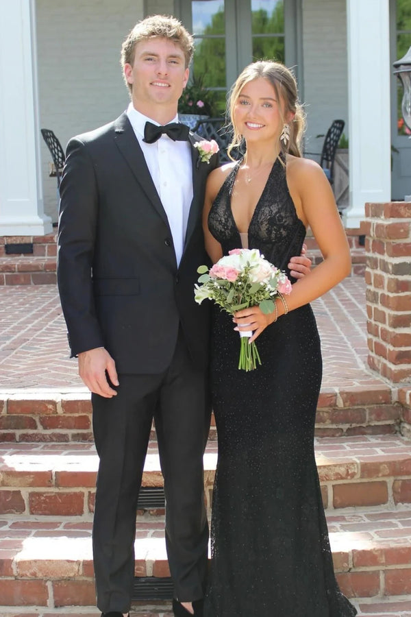Sexy Black Low V-Neck Halter Backless Mermaid Party Prom Dress