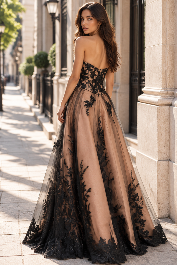 Sexy Boat Strapless Empire Lace Tulle A-Line Party Prom Dress