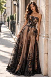 Sexy Boat Strapless Empire Lace Tulle A-Line Party Prom Dress