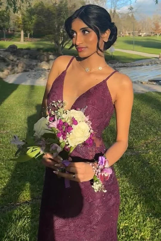 Sexy Mermaid Low V-Neck Open Back Lace Party Prom Dress