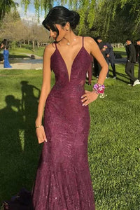 Sexy Mermaid Low V-Neck Open Back Lace Party Prom Dress