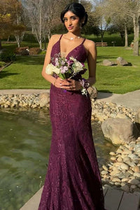Sexy Mermaid Low V-Neck Open Back Lace Party Prom Dress