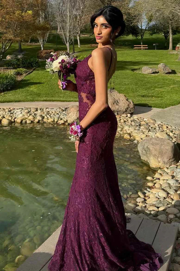 Sexy Mermaid Low V-Neck Open Back Lace Party Prom Dress