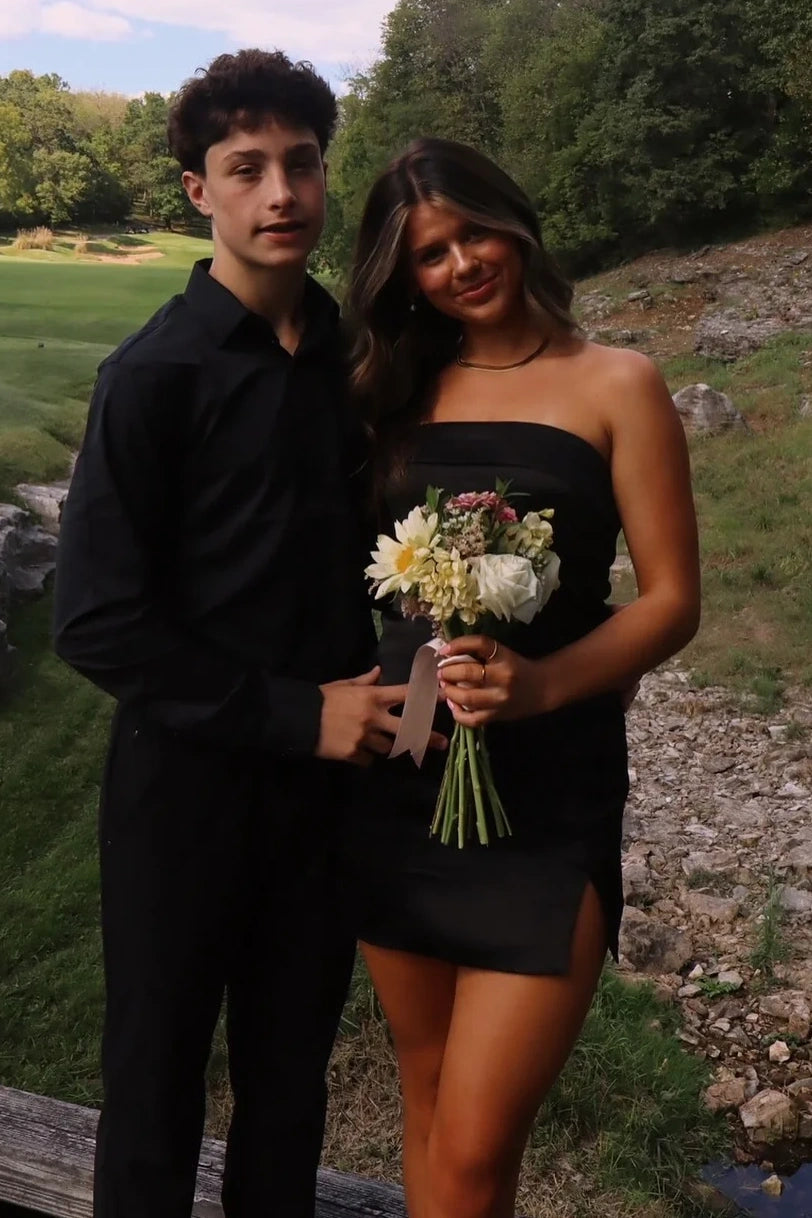Sexy Mini Fitted Satin Strapless Black Summer Homecoming Dress