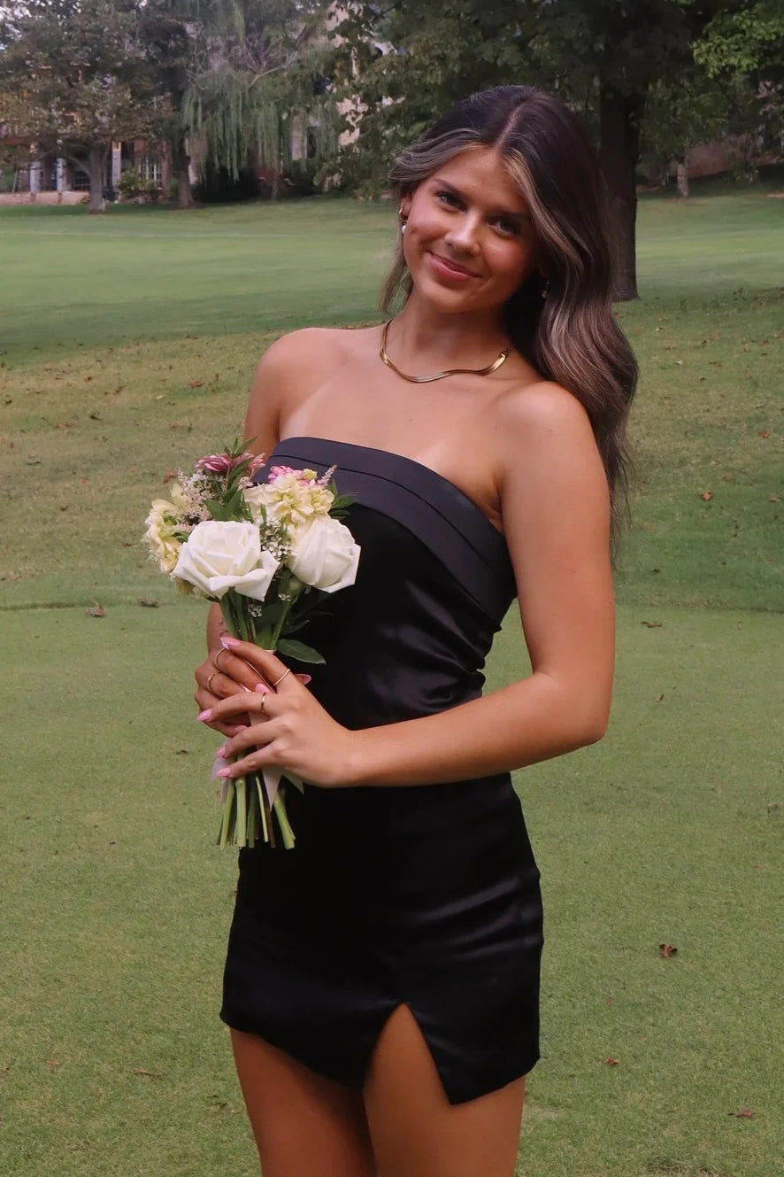 Sexy Mini Fitted Satin Strapless Black Summer Homecoming Dress
