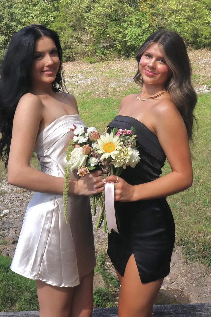 Sexy Mini Fitted Satin Strapless Black Summer Homecoming Dress