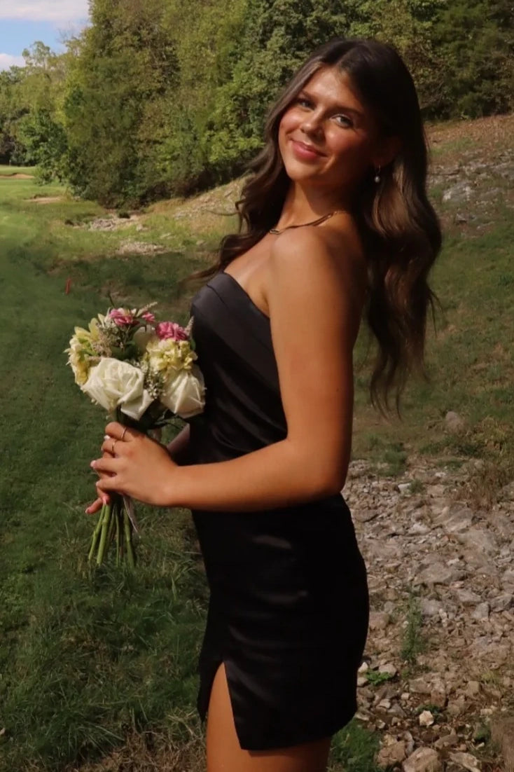 Sexy Mini Fitted Satin Strapless Black Summer Homecoming Dress