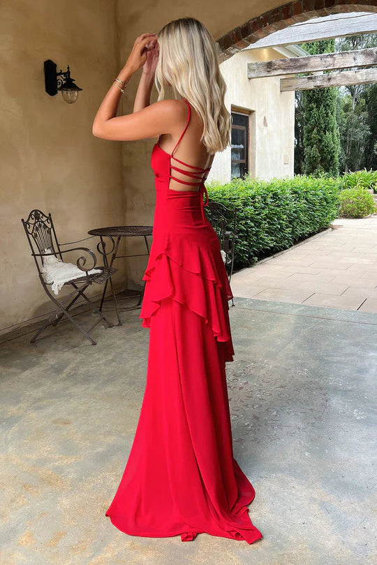 Straps Red Sweetheart Lace-Up Tiered Ruffle Maxi Dress