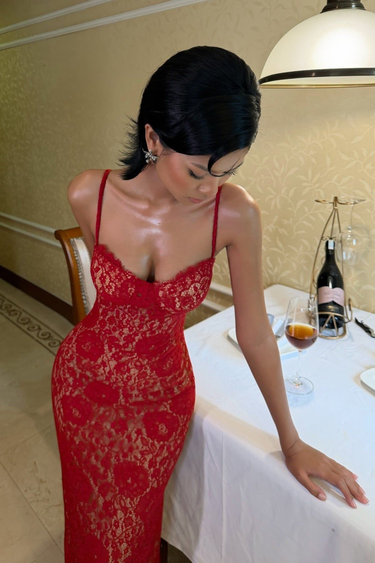 Sexy Red Lace Mermaid Sweetheart Sleeveless Party Prom Dress