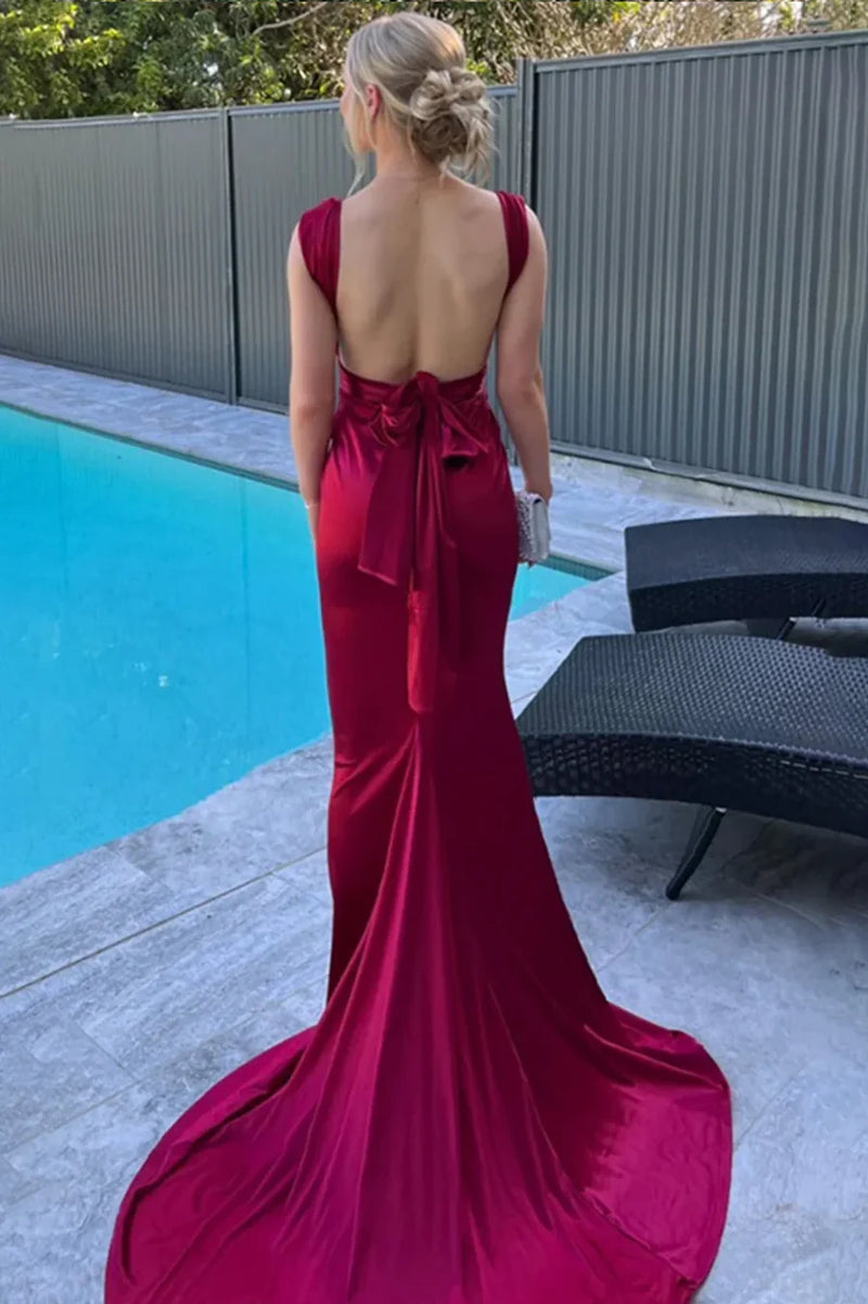 Sexy Red Low V-Neck Backless Satin Mermaid Party Prom Dress