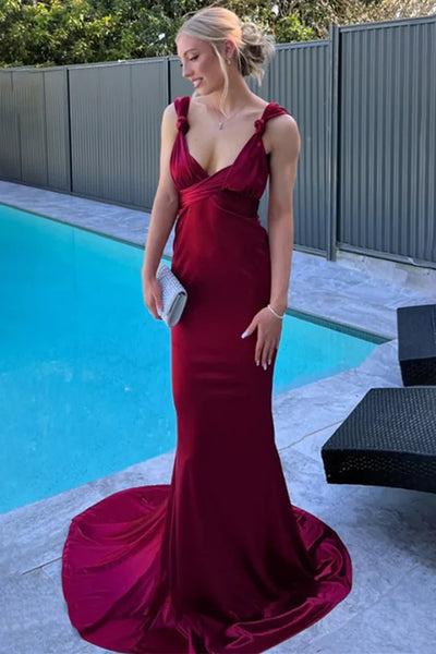 Sexy Red Low V-Neck Backless Satin Mermaid Party Prom Dress