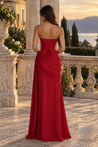 Sexy Red Pleated Strapless Empire Fitted Party Prom Dress With Train