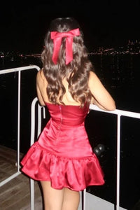 Sexy Red Satin A-Line V-Neck Halter Mini Party Evening Dress