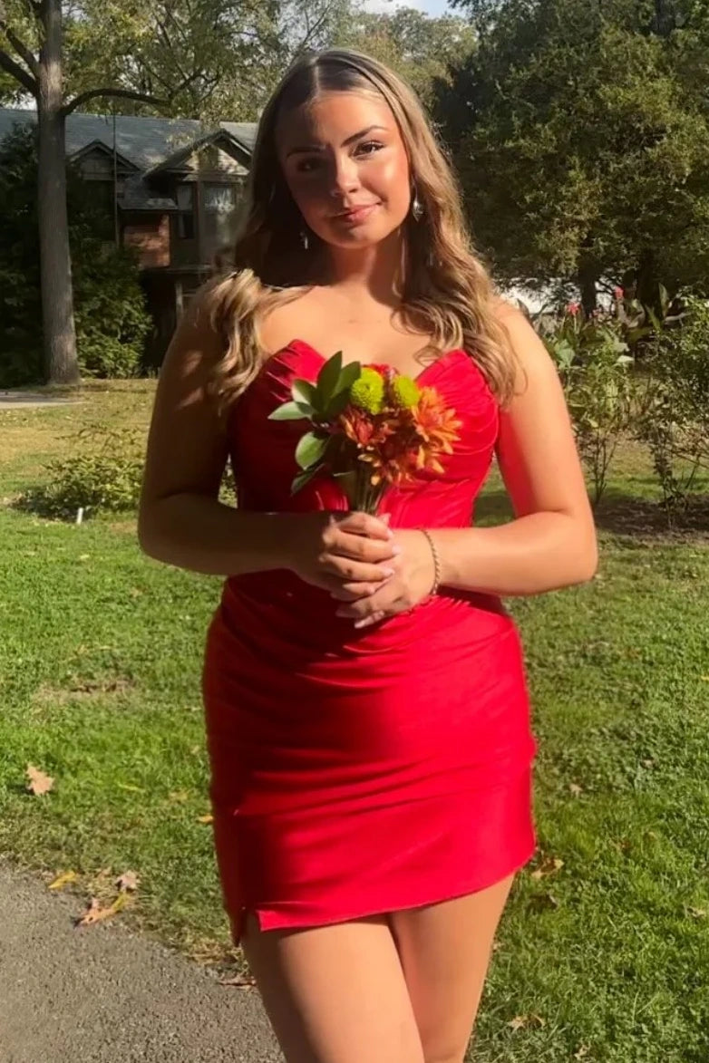 Sexy Red Satin Bodycon Ruched Empire V-Neck Mini Homecoming Dress