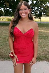 Sexy Red Satin Bodycon Ruched Empire V-Neck Mini Homecoming Dress