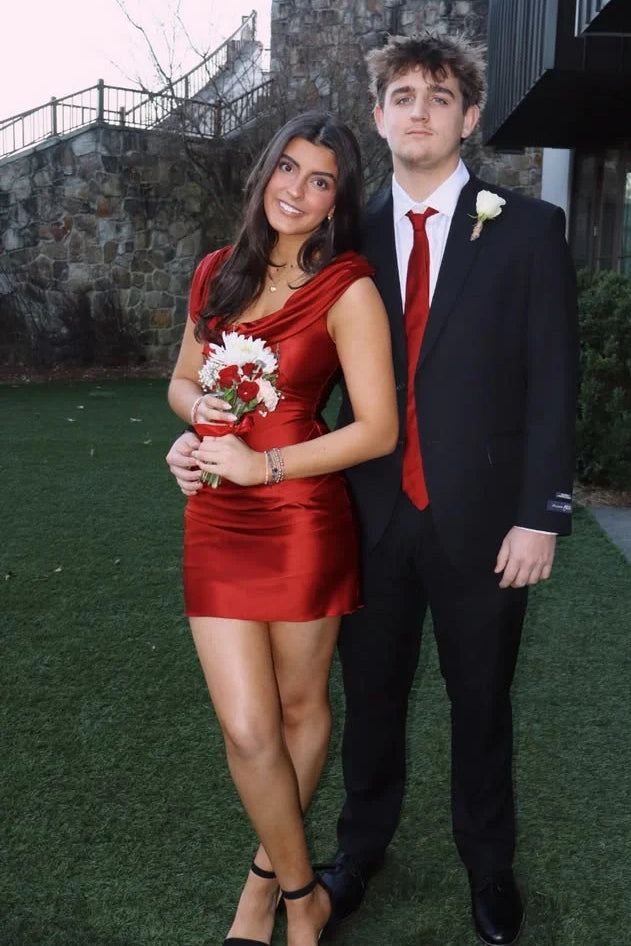 Sexy Red Satin Tight Scoop Sleeveless Ruched Homecoming Dress 