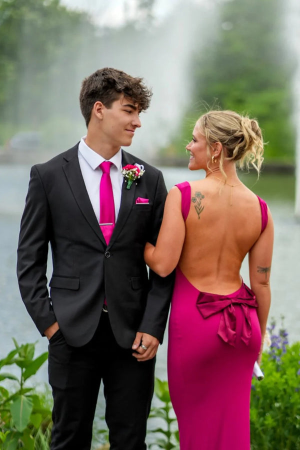 Sexy Satin Fitted Backless With Bow Bateau Straps Party Prom Dress 