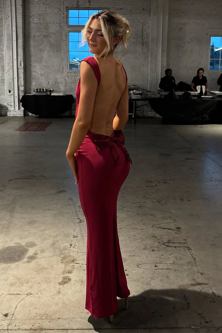 Sexy Satin Fitted Backless With Bow Bateau Straps Party Prom Dress 