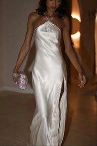 Sexy Satin Fitted Halter Lace-Up Party Evening Dress With Slit