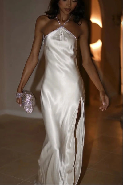 Sexy Satin Fitted Halter Lace-Up Party Evening Dress With Slit