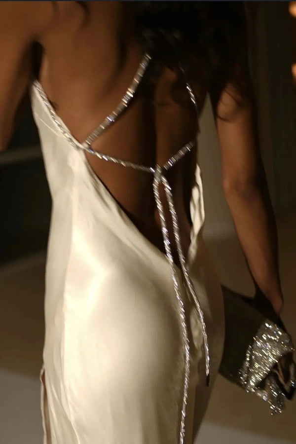 Sexy Satin Fitted Halter Lace-Up Party Evening Dress With Slit