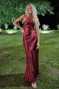 Sexy Satin Fitted Halter Sleeveless Maxi Party Prom Dress