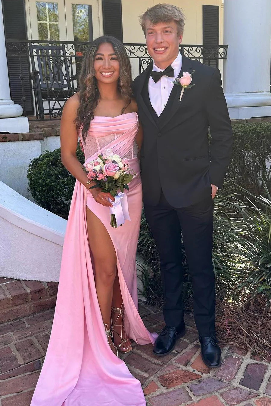 Sheath Strapless Ruched Empire Satin Party Prom Dress With Train