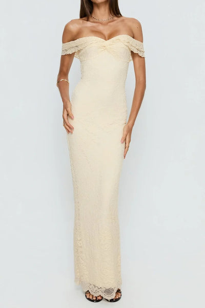 Sheath Sweetheart Lace Ruffle Off-Shoulder Maxi Party Prom Dress 