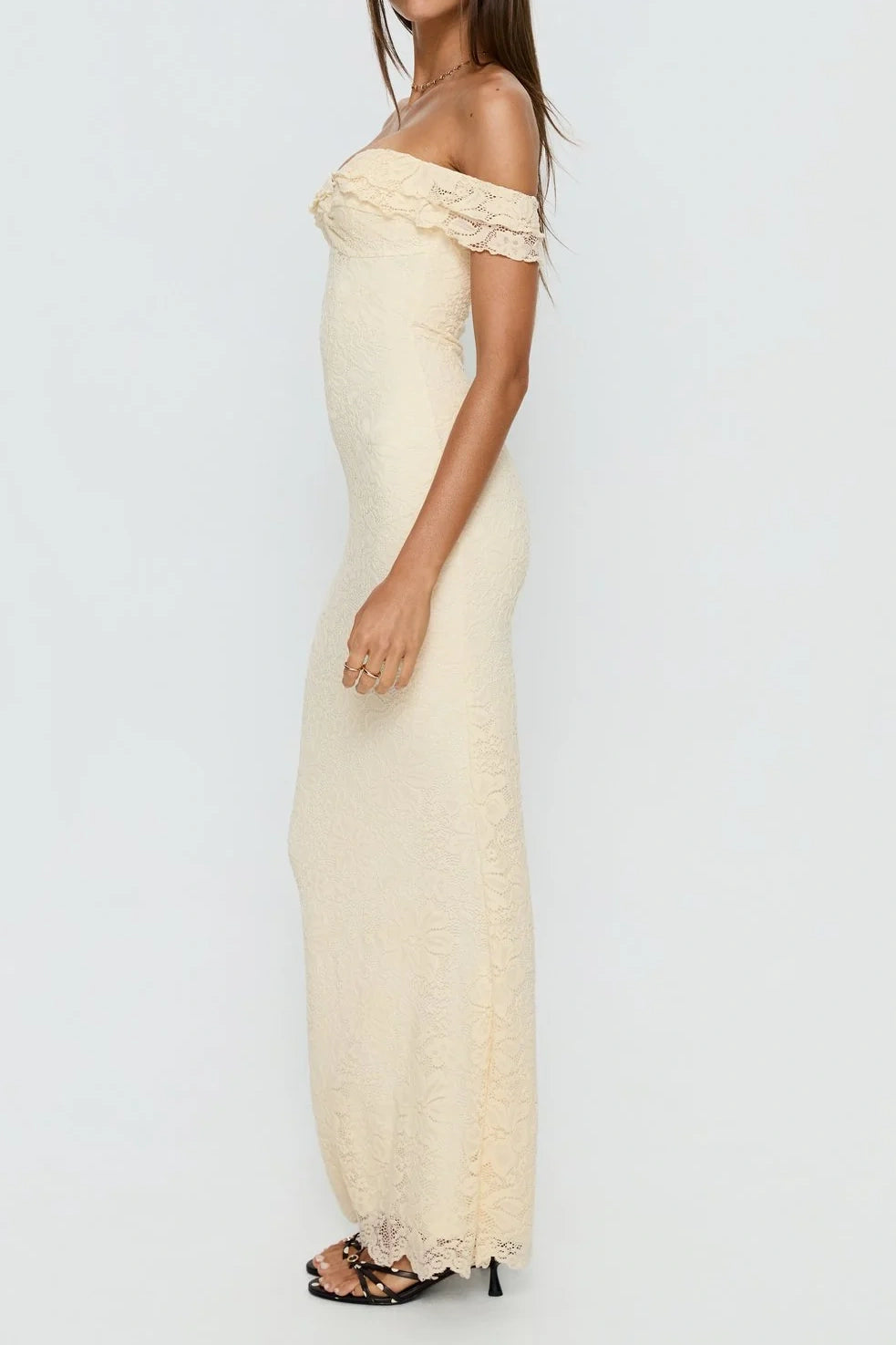 Sheath Sweetheart Lace Ruffle Off-Shoulder Maxi Party Prom Dress 