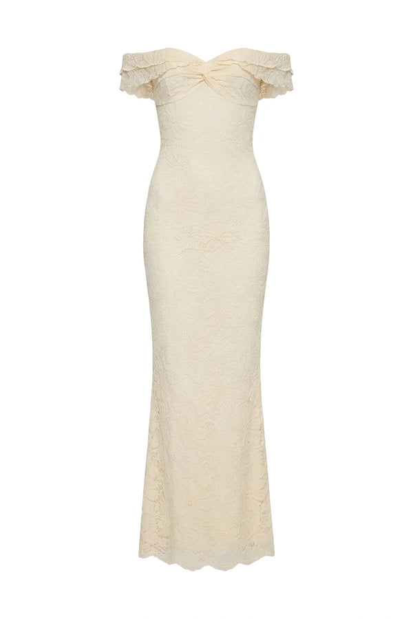 Sheath Sweetheart Lace Ruffle Off-Shoulder Maxi Party Prom Dress 