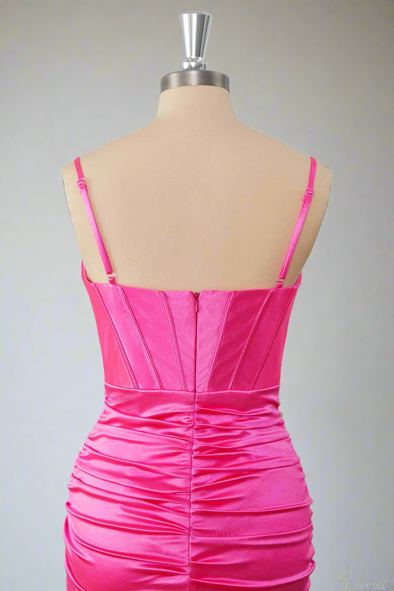 Sheath Hot Pink Straps Pleated Short Homecoming Dress Back Shot 