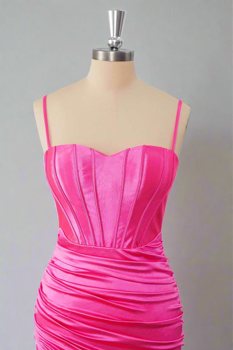 Sheath Hot Pink Straps Pleated Short Homecoming Dress Front Shot 
