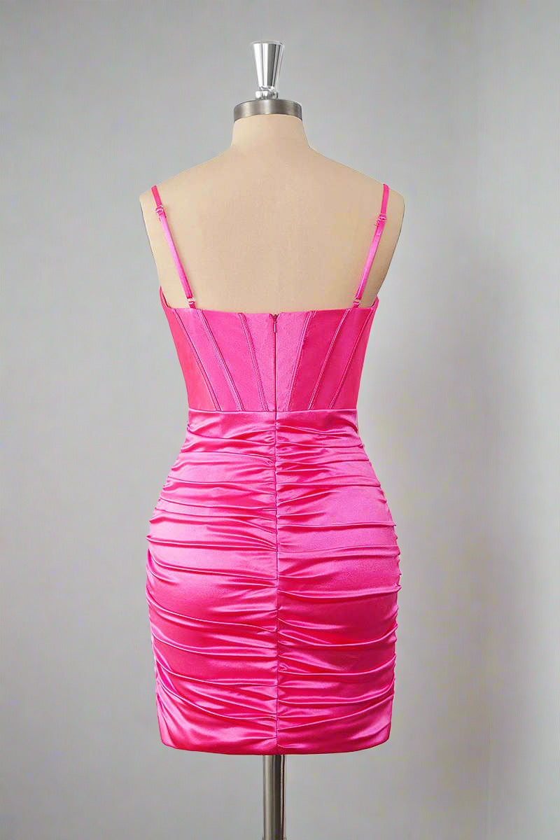 Sheath Hot Pink Straps Pleated Short Homecoming Dress Full Back Shot 