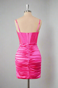 Sheath Hot Pink Straps Pleated Short Homecoming Dress Full Back Shot 