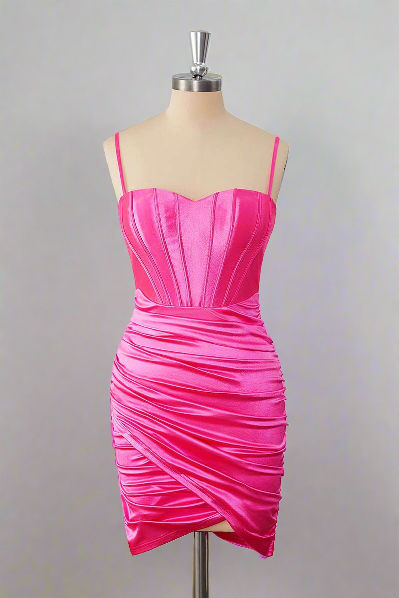 Sheath Hot Pink Straps Pleated Short Homecoming Dress Full Shot 
