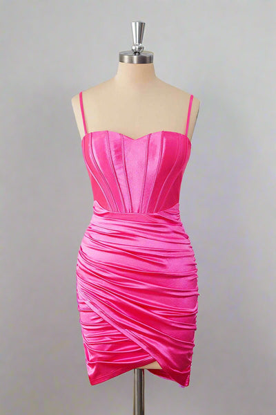 Sheath Hot Pink Straps Pleated Short Homecoming Dress Full Shot 