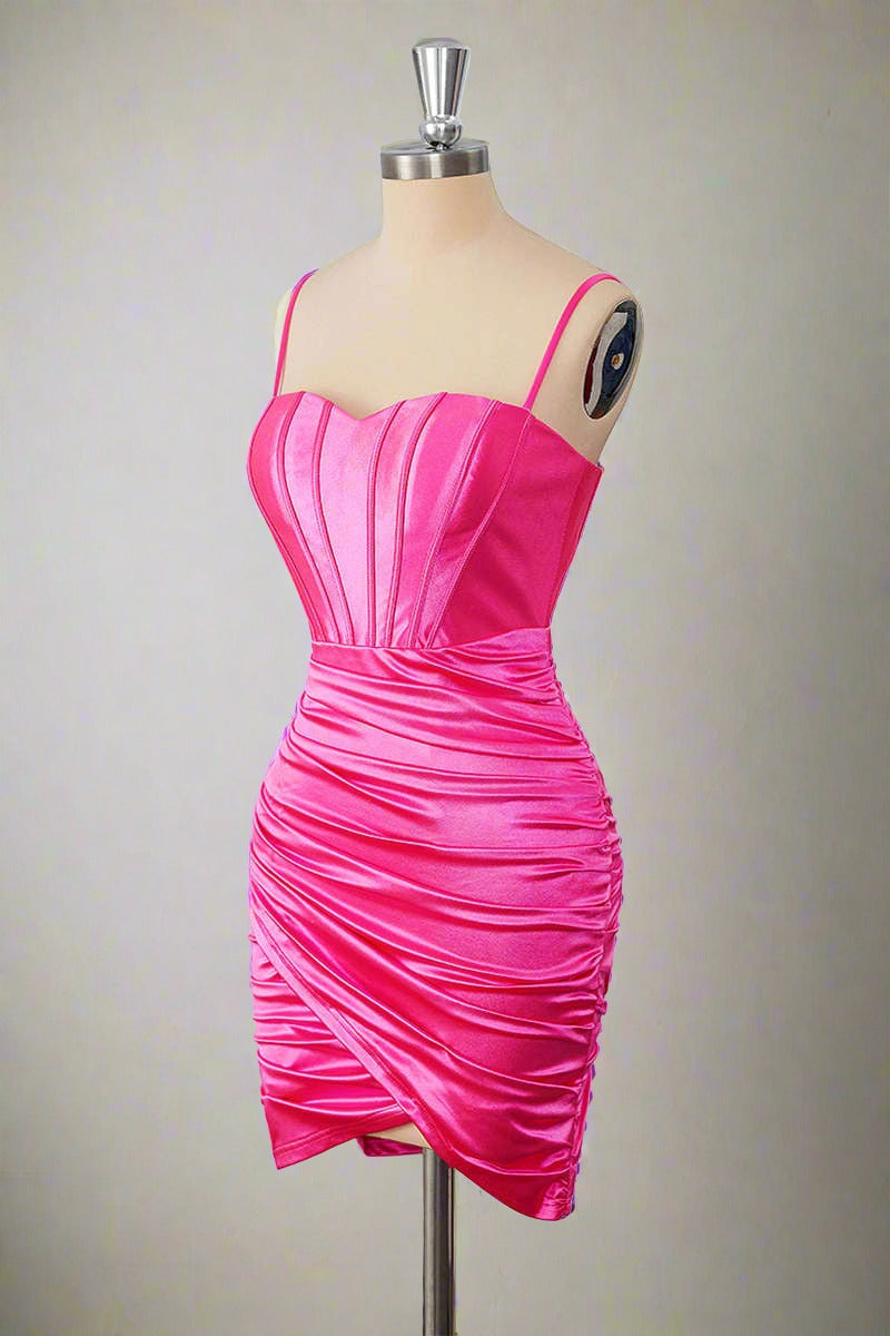 Sheath Hot Pink Straps Pleated Short Homecoming Dress Full Side Shot 